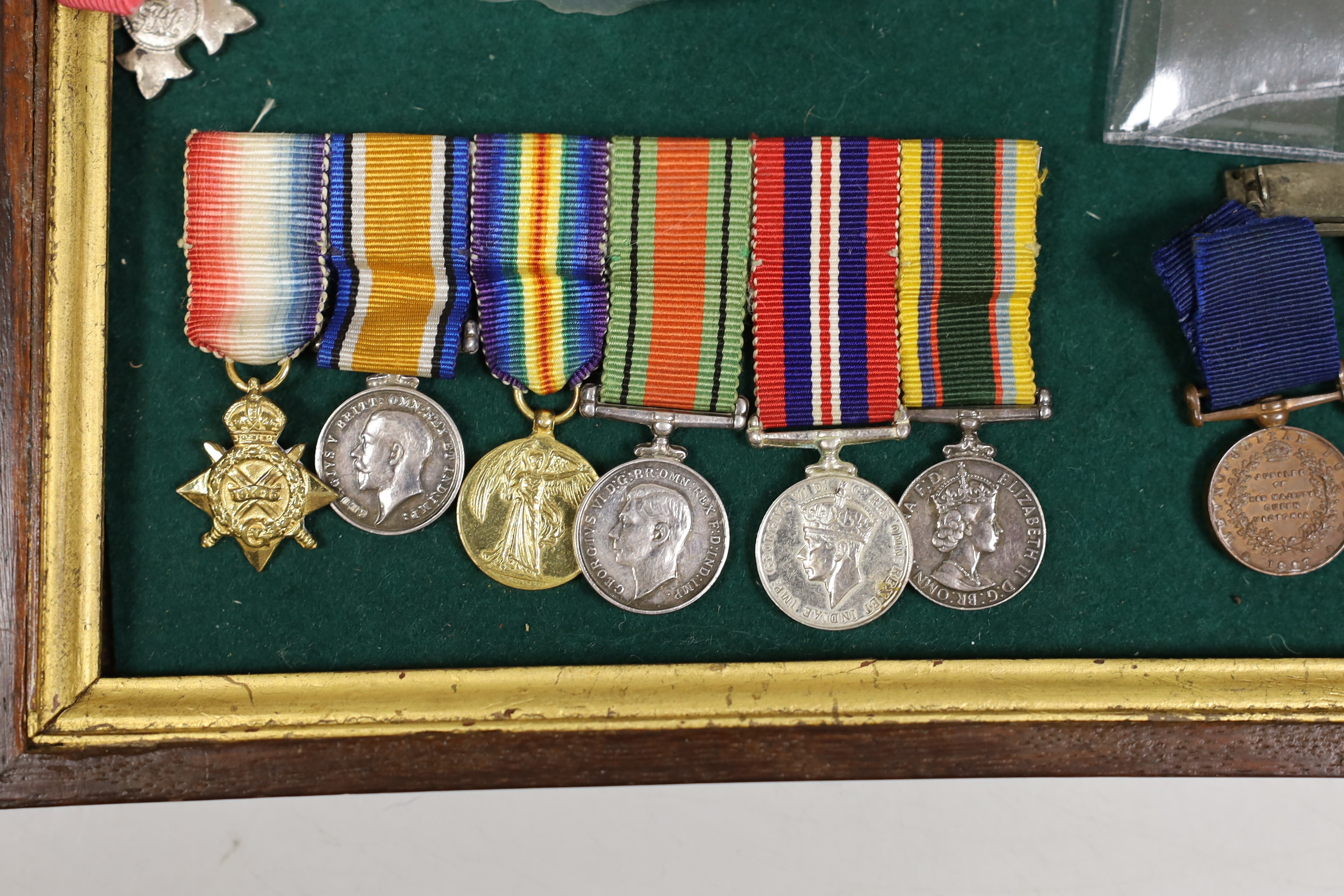A collection of miniature medals, Victoria to George VI, Civil Defence and Edward VI's military buttons etc